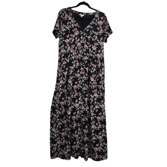 J. Jill Pima Cotton Maxi Dress Black Floral V-Neck Button Down Size M Tall Boho - Picture 1 of 9